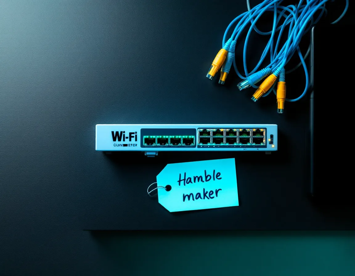 A small office network closet from above: router, switch with green lights and looping patch cables