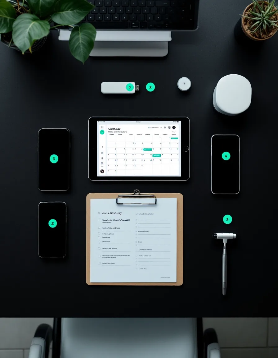 Overhead flat-lay of a dental office’s devices — keyboard, tablet, phones, router, imaging handpiece and an inventory clipboard — each tagged with a numbered green dot