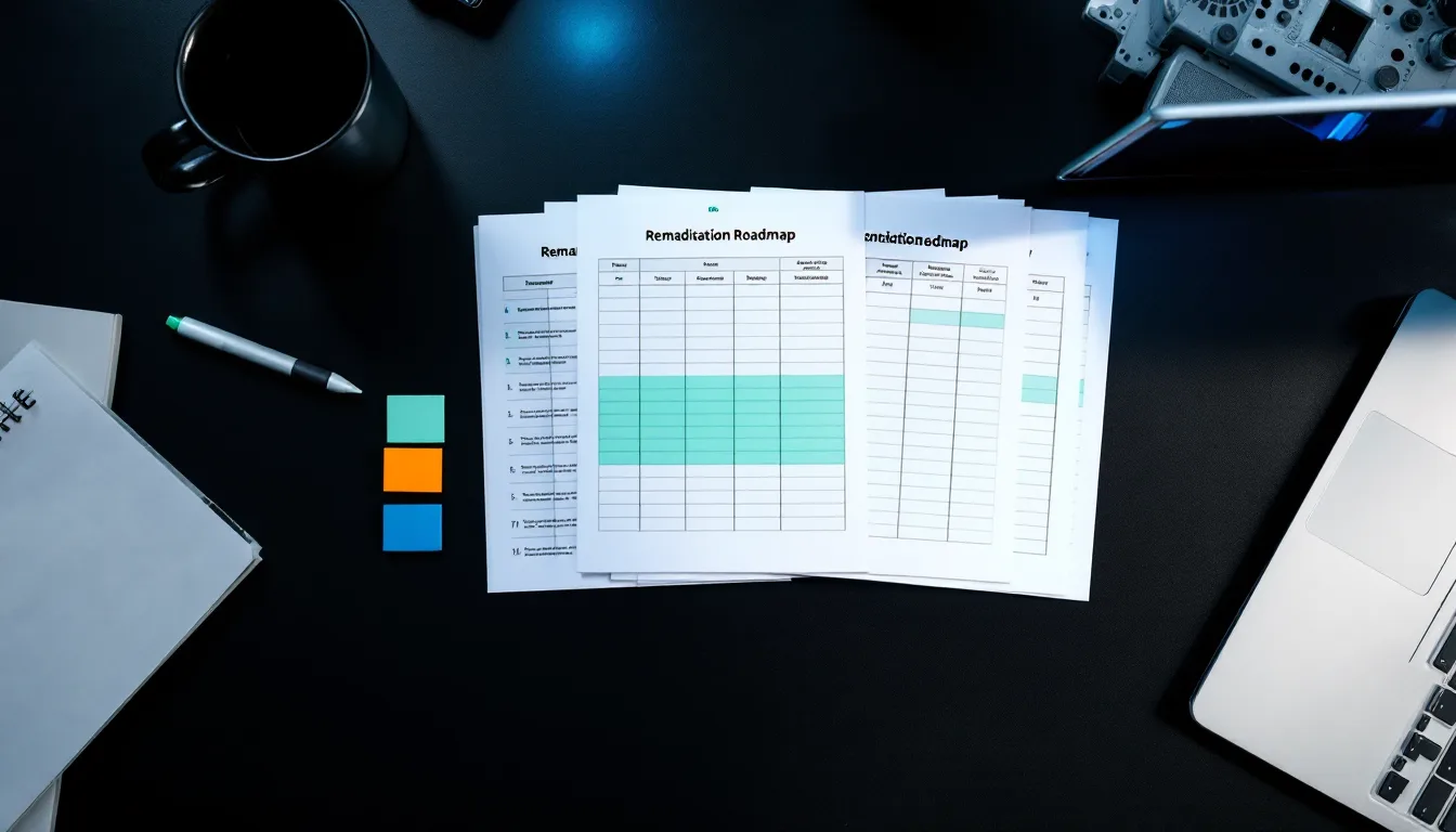 Overhead view of a printed remediation roadmap fanned on a dark desk, one row being marked with a green highlighter, sections tabbed in green, blue and white
